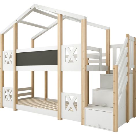 Letto a castello per bambini 90 x 200 cm con scala contenitore, bianco e legno, MODENUIT (1/5)