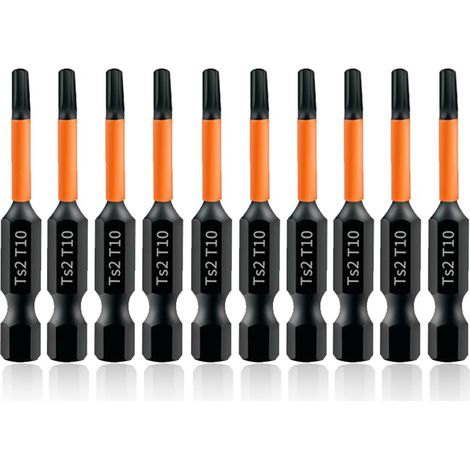 Lot de 10 embouts de vissage Torx 50 mm de long - Tige hexagonale 1/4" - Assortiment de tournevis T10 - Avec boîte distributrice (1/5)