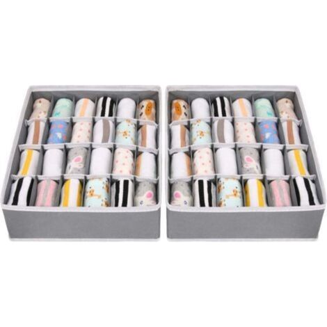Set di 2 organizer pieghevoli in tessuto non tessuto (grigio) per cassetti, ideali per biancheria intima, reggiseni e calze. Scomparto salvaspazio, scatola porta calze.