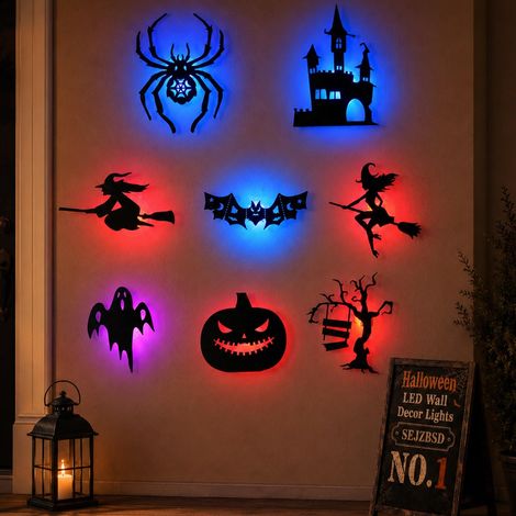Lot de 8 Stickers Halloween LED 3D, Décoration Lumineuse pour Fenêtre et Mur avec Fantômes et Chauves-Souris (1/5)