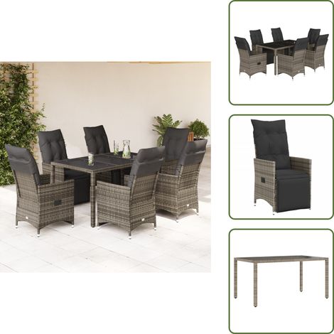 7-tlg. Garten-Bistro-Set mit Kissen Grau Poly Rattan - Gartenmöbel - Bistroset - Rattan Möbel - Outdoor Lounge - Esstisch (1/5)