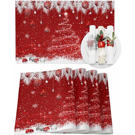 Ensemble de 4 Sets de Table en Coton et Lin pour Noël, 13 x 19 Pouces, Rouges avec Arbre de Noël Blanc et Aiguilles de Pin, Antidérapants pour Cuisine et Salle à Manger (1/4)