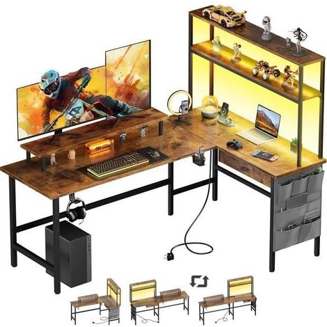 ECOFURNIX Desk, 170 x 100cm L-Shaped Gaming Desk with LED, Computer Table with Integrated Socket & USB Port, with Drawer, Brown (1/5)