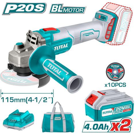 SMERIGLIATRICE ANGOLARE 115mm 20V+2 BATTERIE 4Ah+10 DISCHI X METALLO+BORSA TOTAL (1/5)