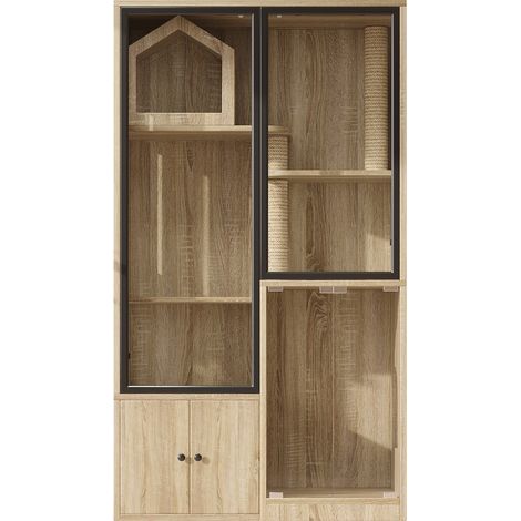 Mobile per gatti a 4 livelli in MDF e vetro temperato, finitura naturale, 90 x 50 x 160 cm (1/5)