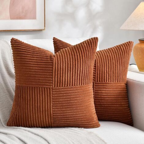 Lot de 2 housses de coussin décoratives style bohème rouille, en velours côtelé doux, motif patchwork texturé terre cuite, 45 x 45 cm