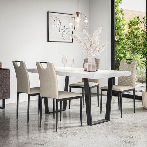 Aria Dining Table And Chairs -  White Marble Effect Table Top w Black Legs + Monza Linen Dining Chair Set Of 4 (Beige) (1/5)