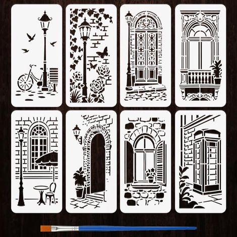 8Pcs Pochoirs Scène de Rue Française 12x24cm Avec Un Pinceau Pochoirs Fenêtres et Réverbères Modèles de Dessin Vintage pour Bois Murs Peinture sur Tissu DIY Décoration Maison (1/5)