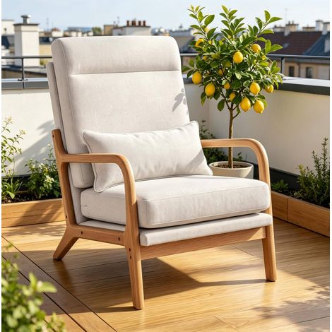 Sillón con respaldo alto, cojín lumbar, efecto lino, crema HAVRYA (1/3)