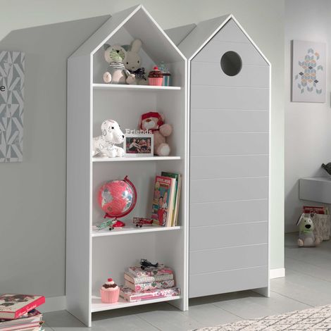 Ensemble armoire bibliothèque bois laqué gris et blanc Camila (1/5)