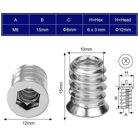 100PCS Insert Fileté Bois Ecrou Hexagonal M6 x 15 mm Insert a Visser en Alliage de Zinc Douille Filetée Vis à Tête Insert Bois M6 pour Meubles Chaises Lits en Bois (1/3)
