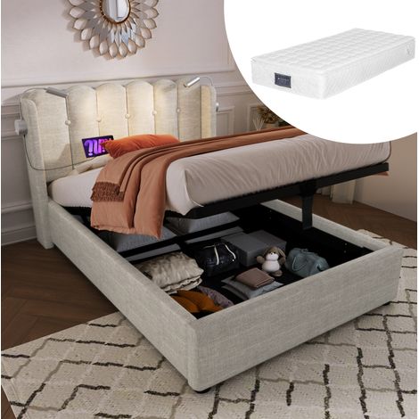 CHICFURN Cama con canapé 90x200 cm de lino beige con lámpara de lectura y USB, sin colchón (1/5)