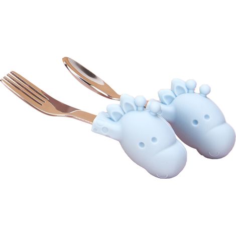 Cuillère d’apprentissage bébé en silicone et acier inoxydable, couverts pour enfant bleu cerf (1/5)