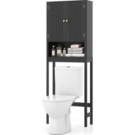 Costway – Meuble de rangement au-dessus des toilettes – Étagère réglable 3 positions – 2 portes cannelées – Dimensions 23 x 60 x 168 cm – Noir