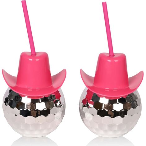 Lot de 2 gobelets roses en forme de chapeau de cowgirl avec boule disco et pailles, articles de fête western, articles de fête pour célibataire. (1/5)