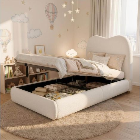 Letto imbottito singolo 90x200 cm in bouclé beige, con rete a doghe e ampio vano contenitore idraulico (1/5)