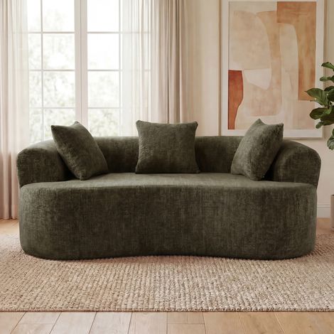 Sofá en forma de media luna, diseño moderno de respaldo bajo con cojines profundos, sofá de dos plazas grande con espuma autoinflable que no requiere ensamblaje. (Tela de chenilla verde) (1/5)