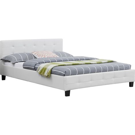 Idimex – Lit double capitonné blanc 140x190 cm – Structure robuste avec sommier à lattes inclus – Hauteur 31 cm – Design contemporain (1/4)