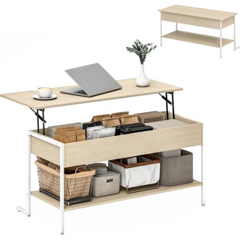 Höhenverstellbarer Couchtisch mit Soft-Close-Funktion, verstecktem Stauraum und offenem Fach, 95 x 40 x 59 cm, Natur und Weiß