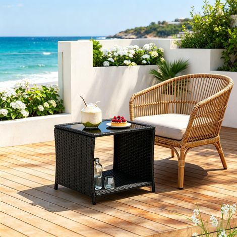DESMIU Table basse extérieure avec espace ouvert pour salon, jardin et terrasse, en verre et rotin, noir, 45 × 45 × 40 cm (1/3)