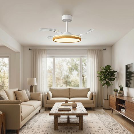 Ventilador de Techo con Luz LED 80 W Motor DC Reversible Mando a Distancia 6 Velocidades Temporizador Ø95 cm Natural