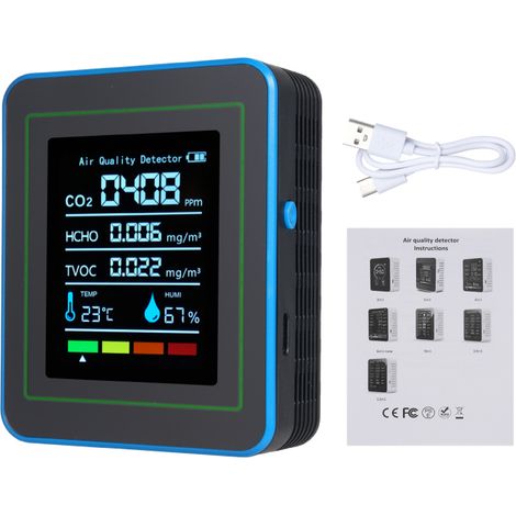 Moniteur de qualité de l'air intérieur 5 en 1 : détecteur portable précis de CO2, COVT, HCHO, température et humidité Testeur de qualité de l'air pour la maison, le bureau, l'école, l'hôtel et la voit (1/5)