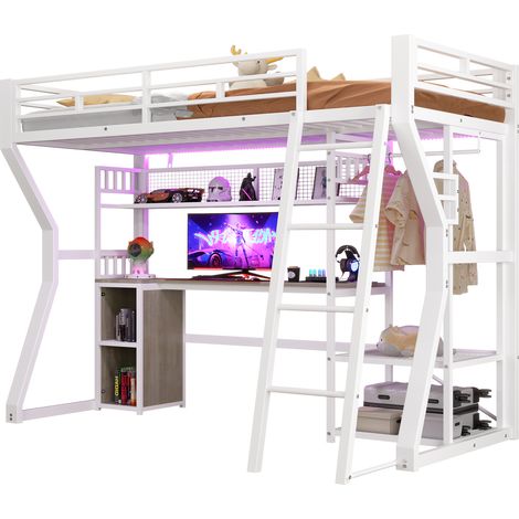 Lit mezzanine 90 x 200 cm avec bureau, éclairage d’ambiance, prise intégrée, penderie et rangements, structure métal et MDF blanc, sans matelas CHICFURN (1/5)