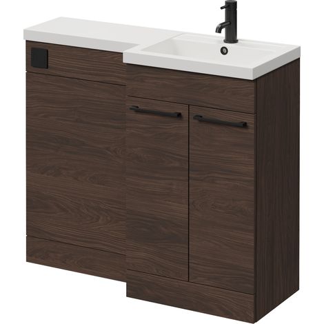 Napoli 390 Brown Oak 1000mm 2 Door Vanity Unit Toilet Suite with Right Hand Square Lucia Basin - 1000mm - Matt Black 160mm HandleWithout Kingston Toilet Pan