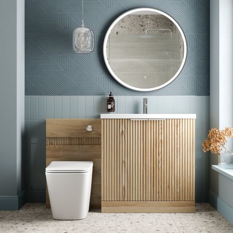 1300mm Fluted Bathroom Vanity Unit Set and Provence Back-to-Wall Toilet Oak (1/4)