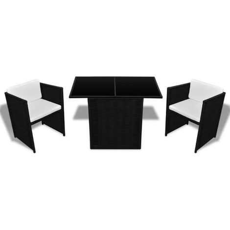 Ensemble de bistrot 3 pcs avec coussins Résine tressée Noir vidaXL (1/5)