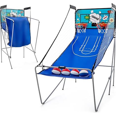 Jeu de Basketball Arcade Pliable - GOPLUS - 2 Paniers/4 Ballons/8 Modes de Jeux/Capteur Électrique/LED Score - 202x107x205CM - Vert