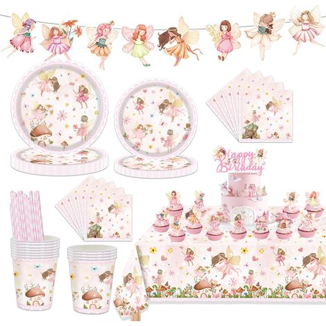 Ensemble de vaisselle de fête pour fille - Avec assiettes en carton, gobelets en carton, serviettes, guirlande et décoration de gâteau pour anniversaire d'enfant (10 invités) (1/5)