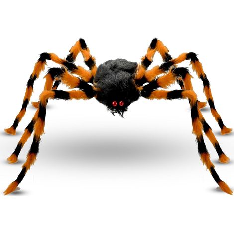 Araignée géante Halloween 125 cm – Grande araignée artificielle poilue – Décoration extérieure pour fête, maison hantée et Halloween – Orange (1/5)