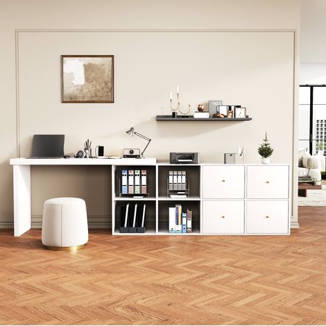 Scrivania angolare girevole a 360° in MDF bianco, 4 scomparti, 4 cassetti DESVIAE (1/5)