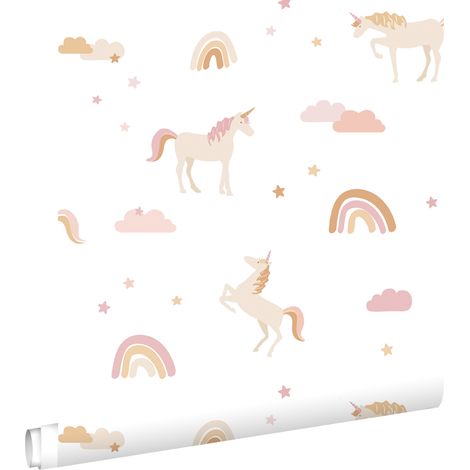 papier peint licornes blanc, rose clair et jaune ocre  - ESTAhome (1/5)