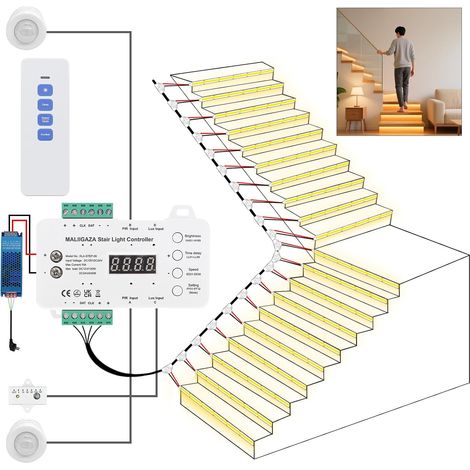 Éclairage d’escalier intelligent à détecteur de mouvement, 20 marches, LED COB 3000K, éclairage progressif réglable, installation modulaire pour escalier intérieur (1/5)