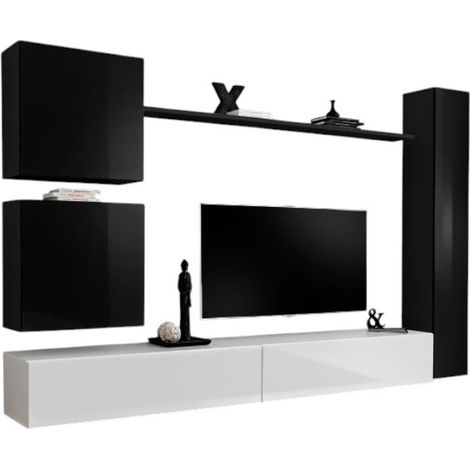 Wandschrank-Set für das Wohnzimmer SWITCH VIII. Design-Wandschrank für Fernseher, in glänzendem Weiß und Schwarz.