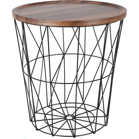 Gitterkorb Beistelltisch aus Metall 39 cm - schwarz - Korbtisch mit Holz Optik Tischplatte in braun