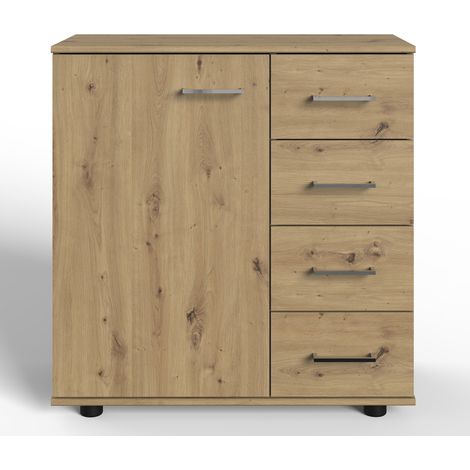 Commode meuble de rangement coloris imitation chêne Artisan/chrome brillant - Longueur 81 x Hauteur 83 x Profondeur 41 cm -PEGANE-