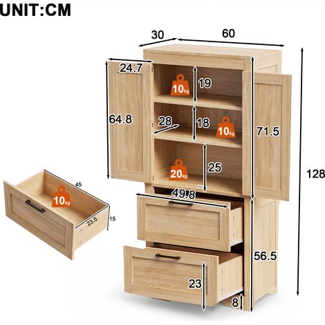 Meuble de rangement cuisine style rustique, 2 tiroirs, étagères réglables, armoire latérale porte de grange, pour cuisine, salle à manger et salon, bois naturel (1/5)