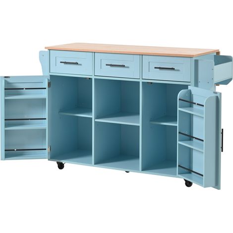 Chariot de cuisine bleu avec plan de travail pliable en bois massif 139x46(71)x91,5 cm avec roulettes et pieds interchangeables (1/5)