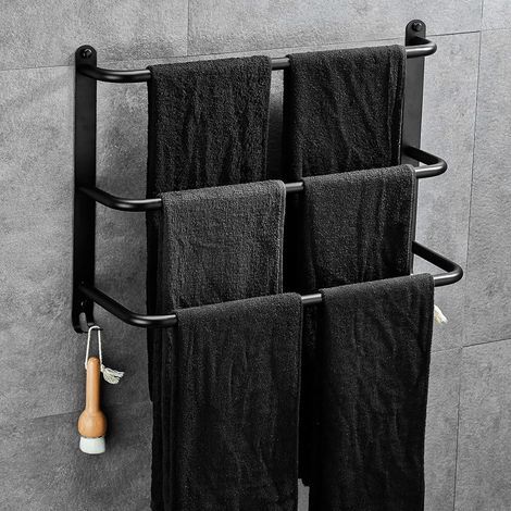 Toallero de acero inoxidable de 3 niveles, no requiere perforación, para baño, cocina y aseo, color negro. (1/4)