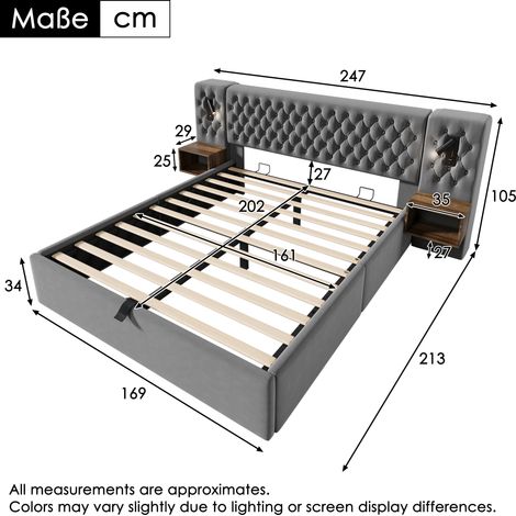 Ensemble chambre complet 160×200cm gris velours,lit hydraulique,2 tables de chevet,lumière lecture USB,lit moderne sans matelas
