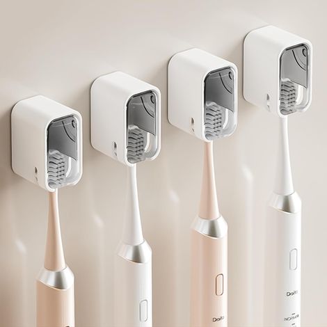Set di 4 portaspazzolini da parete per il bagno, robusto portaspazzolino autoadesivo con coperchio, organizer per testine dello spazzolino per la famiglia, grigio (1/5)