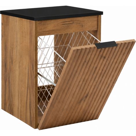 Meuble de salle de bain suspendu 40 cm avec panier à linge, 1 porte, façades rainurées, Chêne artisan, poignées noires, 40 x 46 x 58,6 cm (1/5)