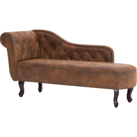 Méridienne chaise longue canapé dossier accudoir capitonné pour intérieur en PVC aspect daim marron DEC026202