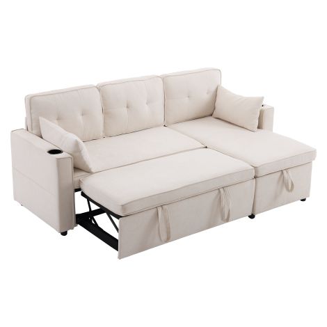 Canapé-lit 3 places coton lin, rangement caché, chaise longue réversible (1/5)
