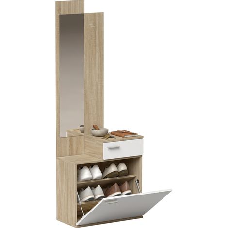 HOMCOM recibidor de entrada con espejo y zapatero abatible, mueble recibidor de 2 piezas con asiento, cajón, mesa pequeña, 61x30x170 cm, blanco (1/5)
