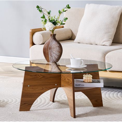 Runder Couchtisch 80 cm aus Sicherheitsglas, MDF in Walnussoptik, transparent HAVRYA (1/5)