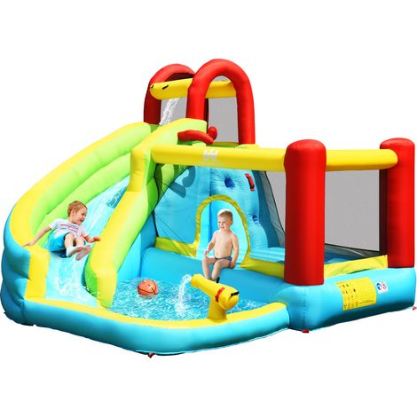 Toboggan aquatique gonflable multifonction avec mur d’escalade, piscine, canon à eau et panier de basket, dimensions 325×310×225 cm, toile Oxford 420D/800D certification ASTM, sans souffleur inclus (1/5)